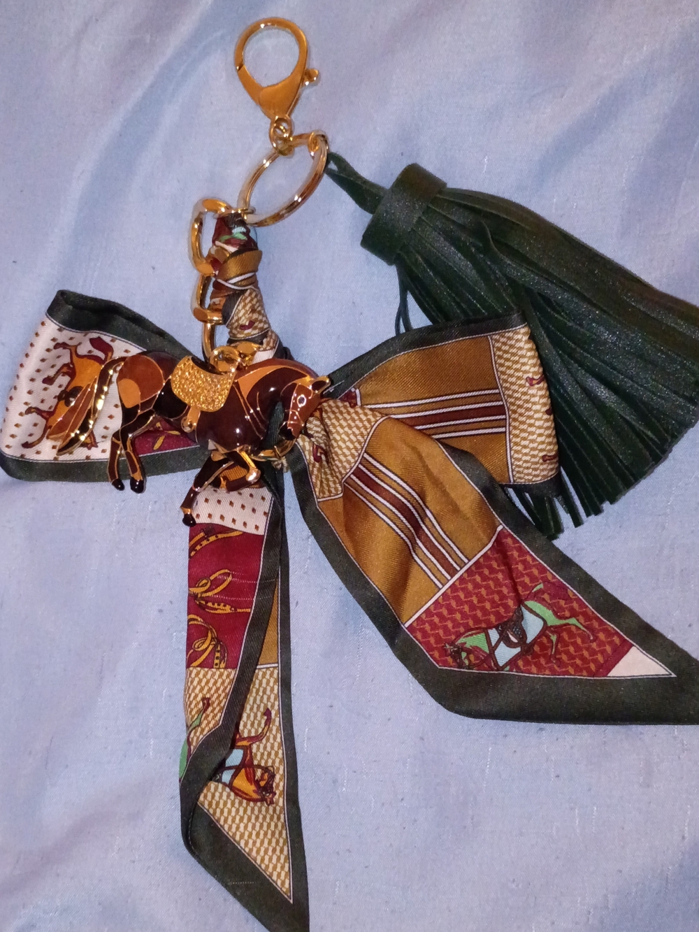 Gold Equestrian Horse Charm Keychain with Green Tassel and Multicolor Scarf